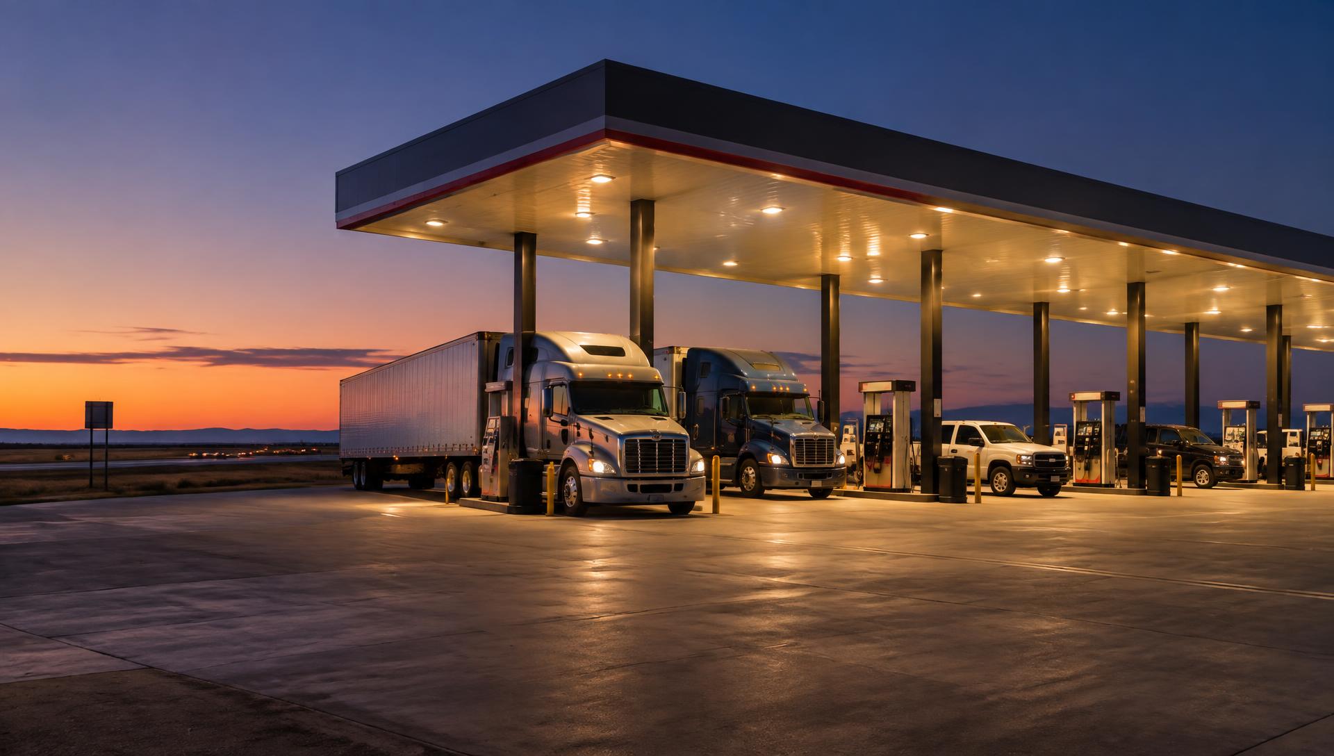 A travel center canopy glowing at dusk in the San Joaquin Valley, trucks fueling beneath